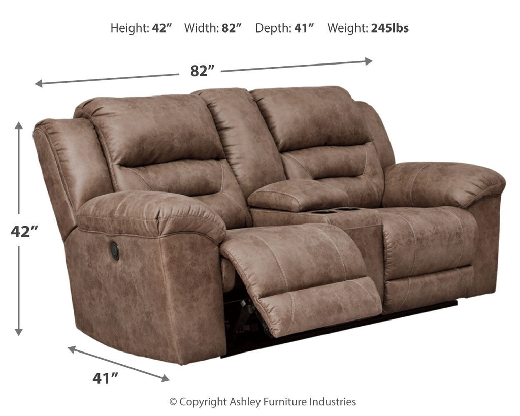 Stoneland power reclining loveseat in light brown fabric, padded arms and extended recliner footrest