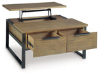 Light brown wood table with two drawers and black metal legs; lift top open