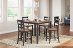 Dining room table set with dark wood round-corner tabletop and four matching chairs