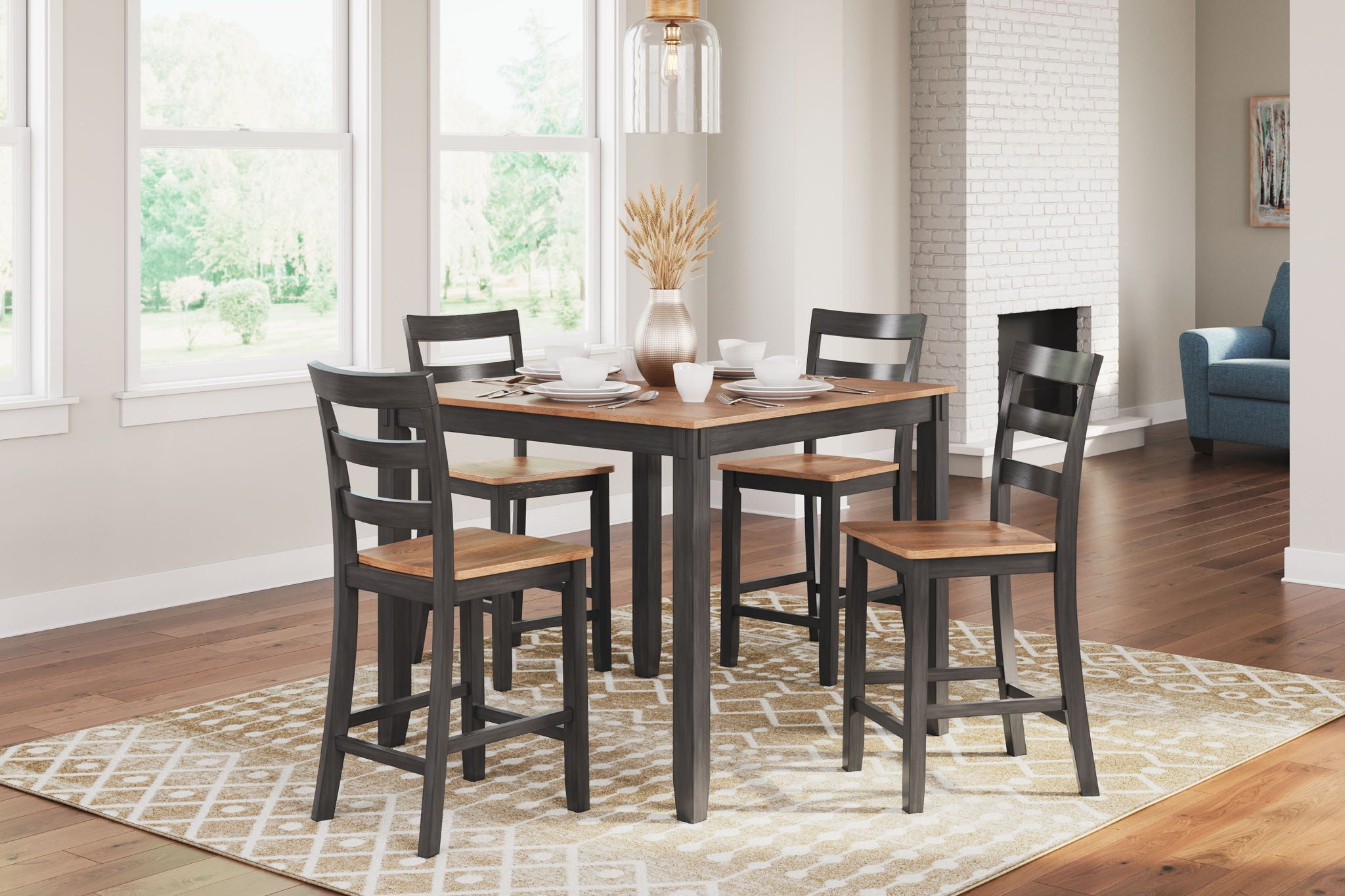 Dining room table set with dark wood round-corner tabletop and four matching chairs