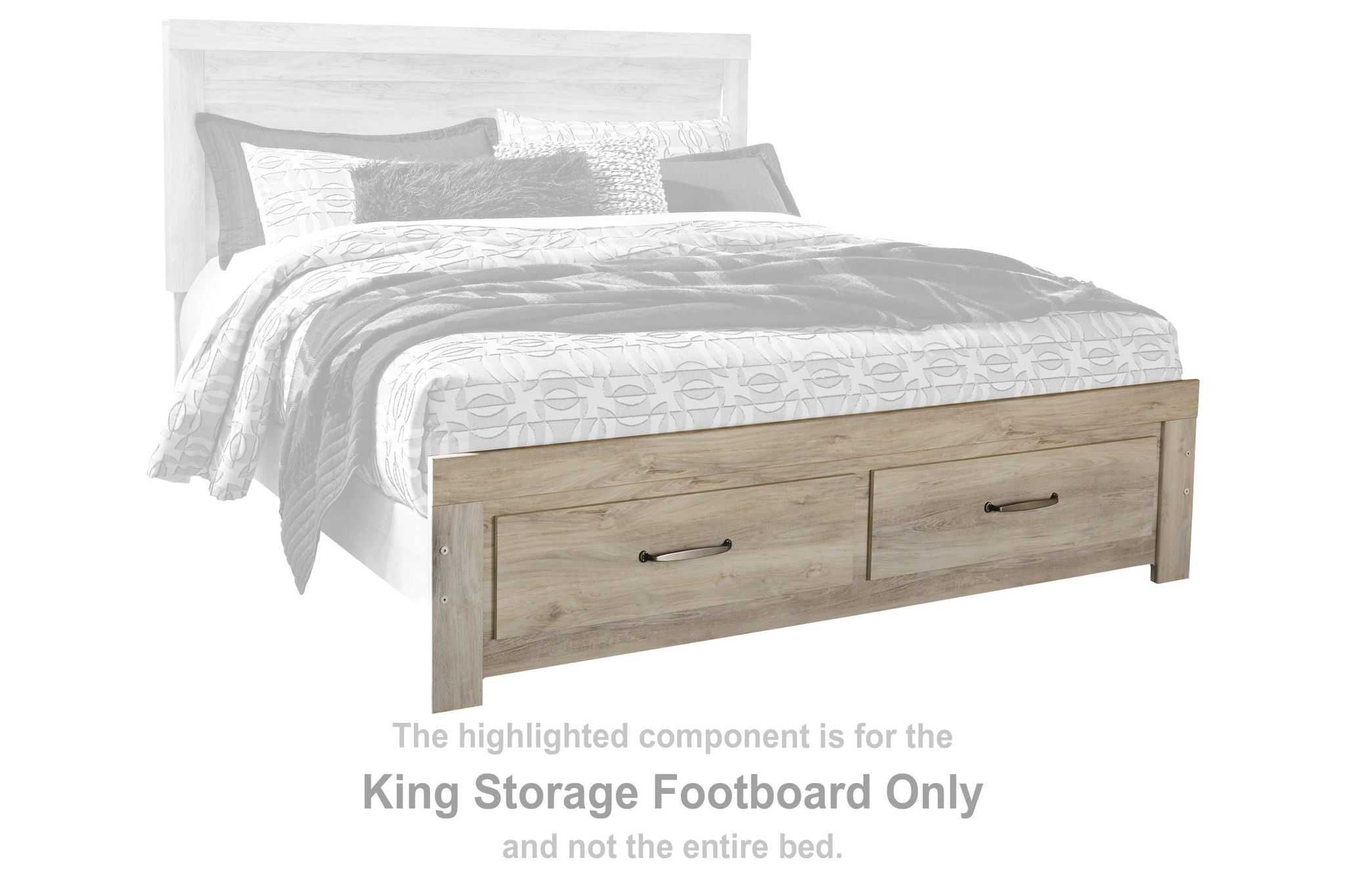 Whitewash king storage footboard with two front drawers and metal bar handles