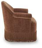 Clay swivel accent chair side view with square back panel and fringed base, brown upholstery