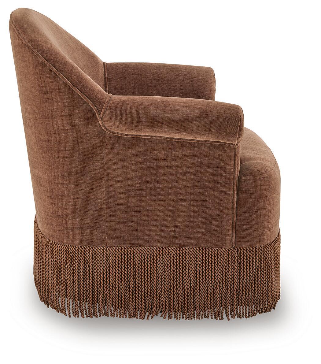 Clay swivel accent chair side view with square back panel and fringed base, brown upholstery