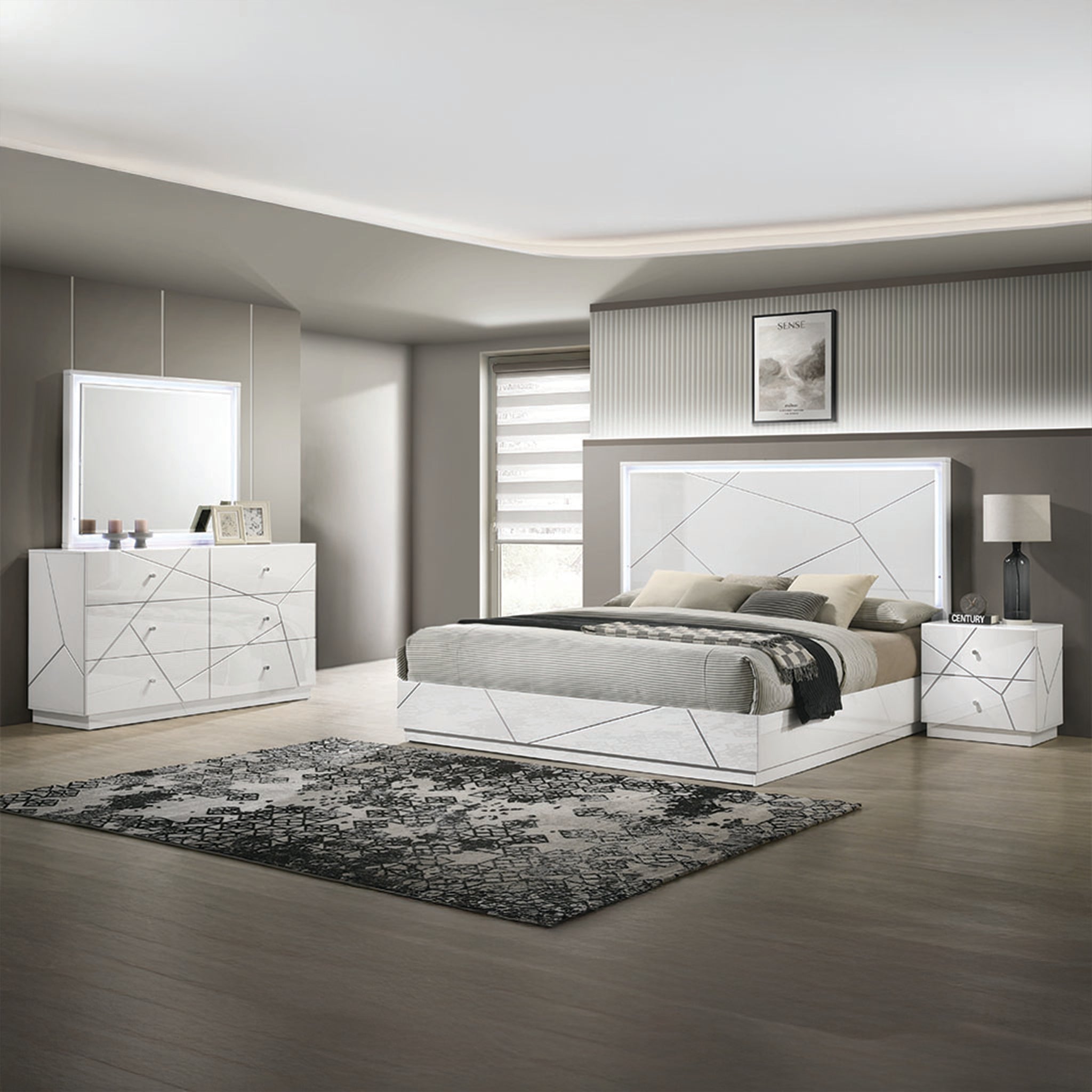 Manhattan Queen 4PC Bedroom Set | Modern Lacquer, LED Lighting