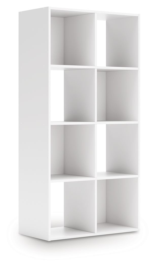 White cube storage organizer with open cubbies, front-facing view of shelving unit