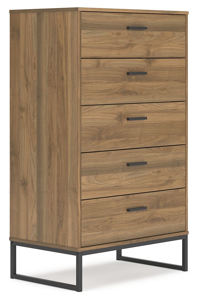 Honey wood five-drawer chest with flat bar handles and dark legs