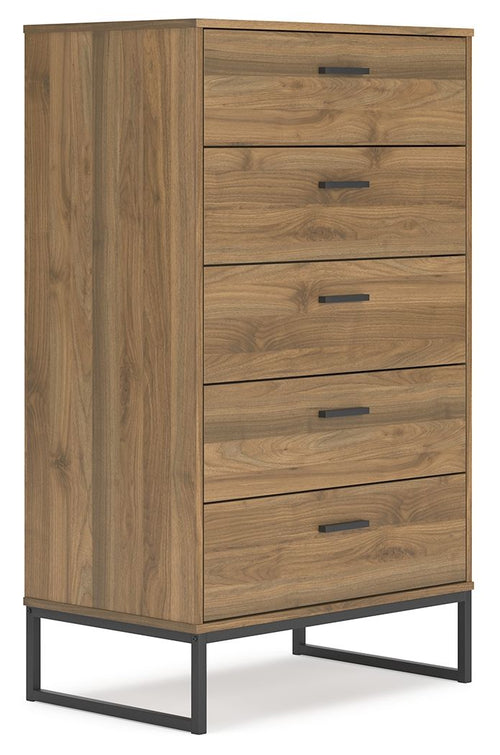 Honey wood five-drawer chest with flat bar handles and dark legs