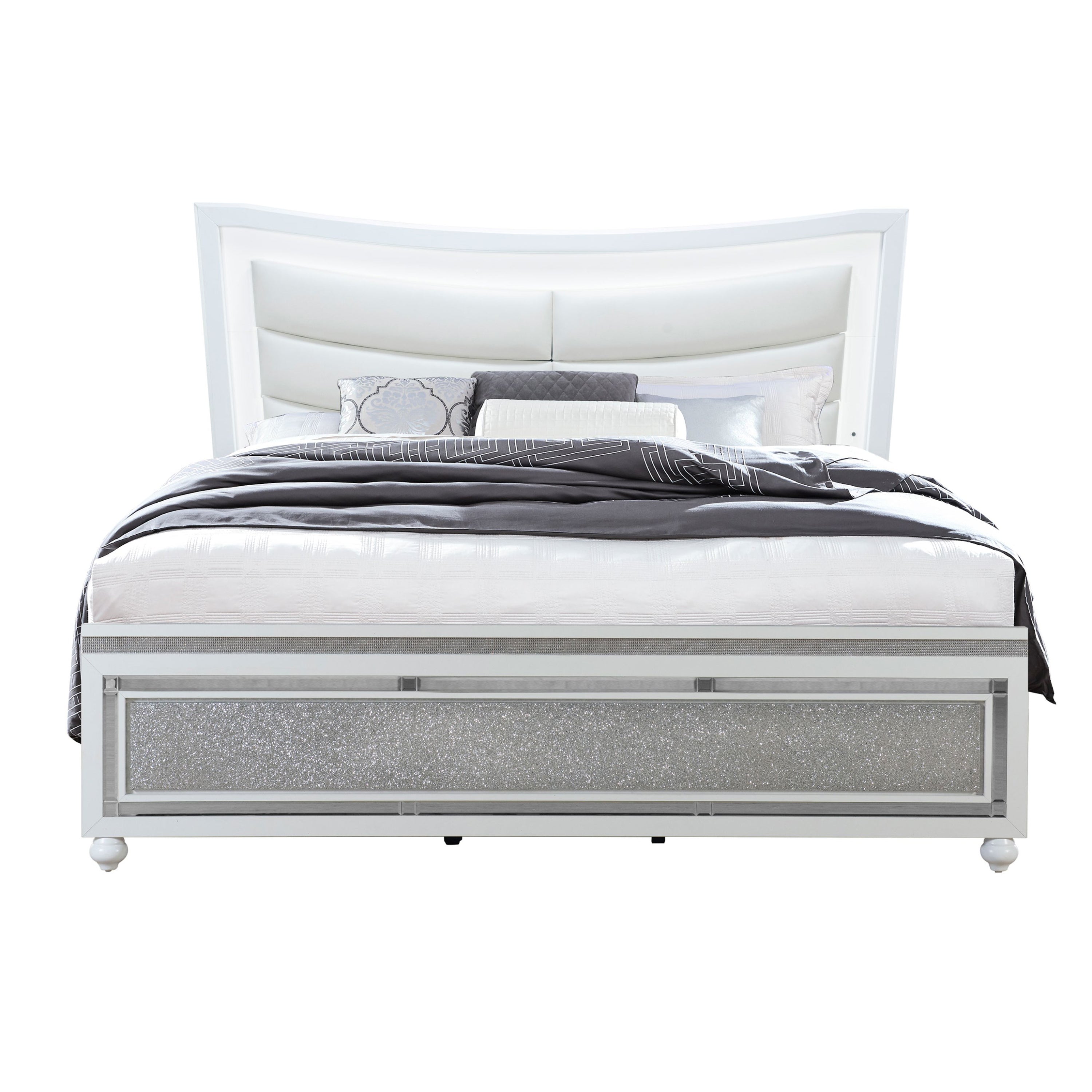 MALOISE Contemporary King Bed - White Finish, Mirrored Accent, Padded