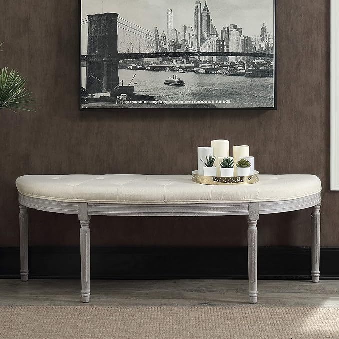 Coastal Button Tufted Beige Upholstered Bench