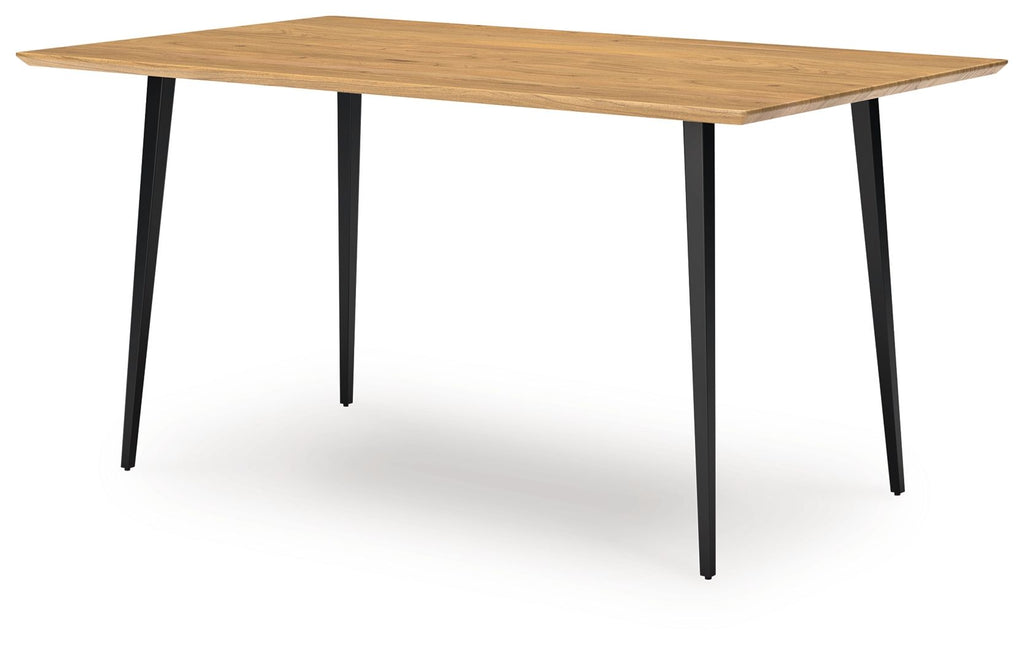 Light brown dining table with black legs and smooth rectangular wood top