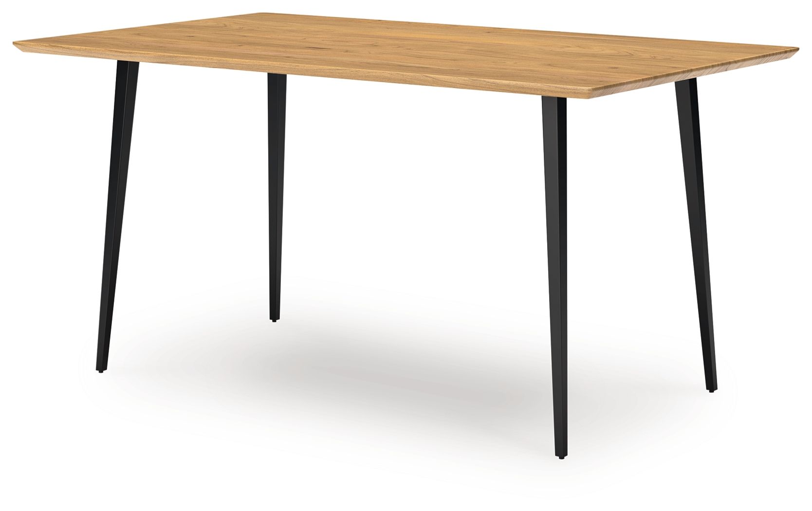Light brown dining table with black legs and smooth rectangular wood top