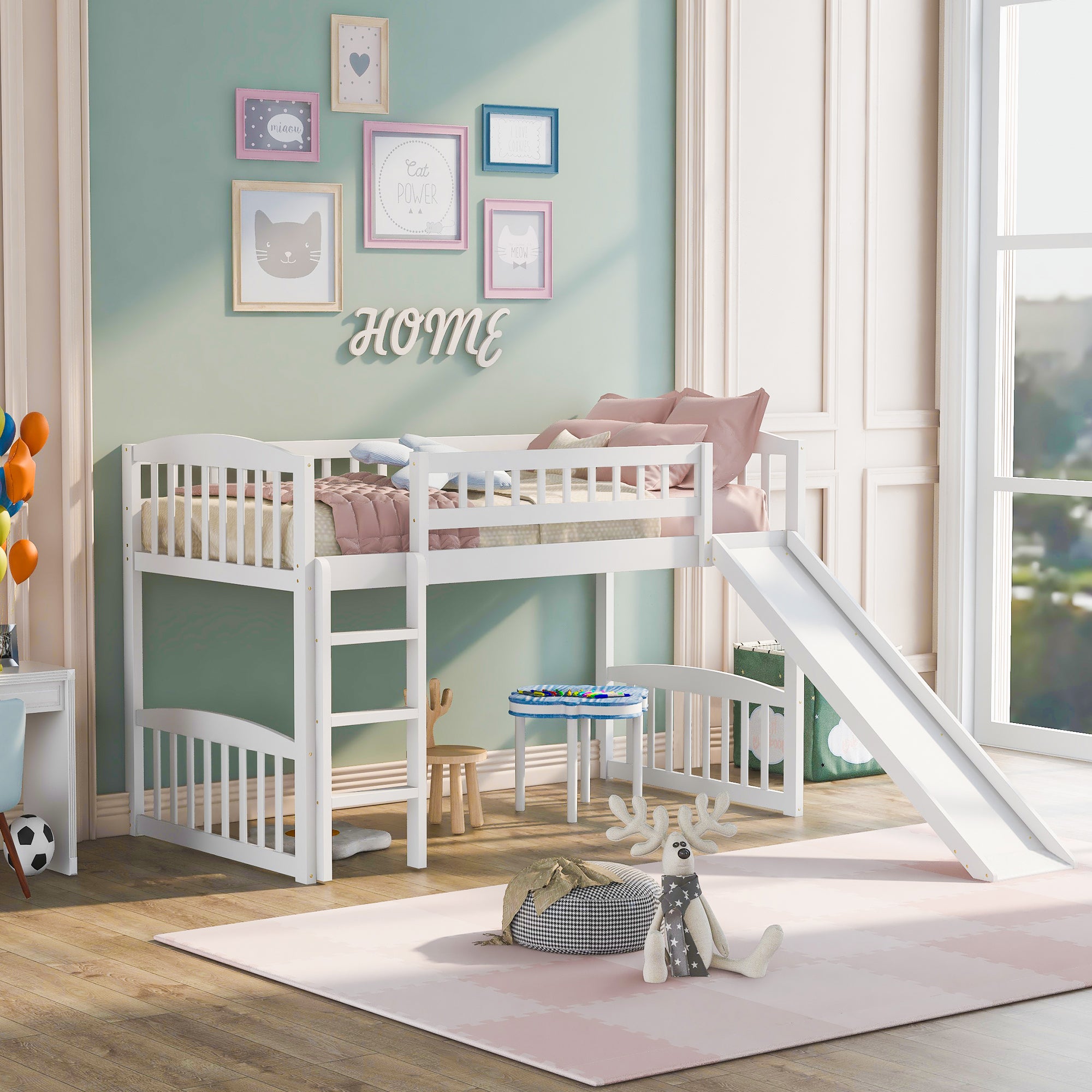 White Twin Loft Bed with Slide & Ladder – Fun Kids Bedroom Furniture
