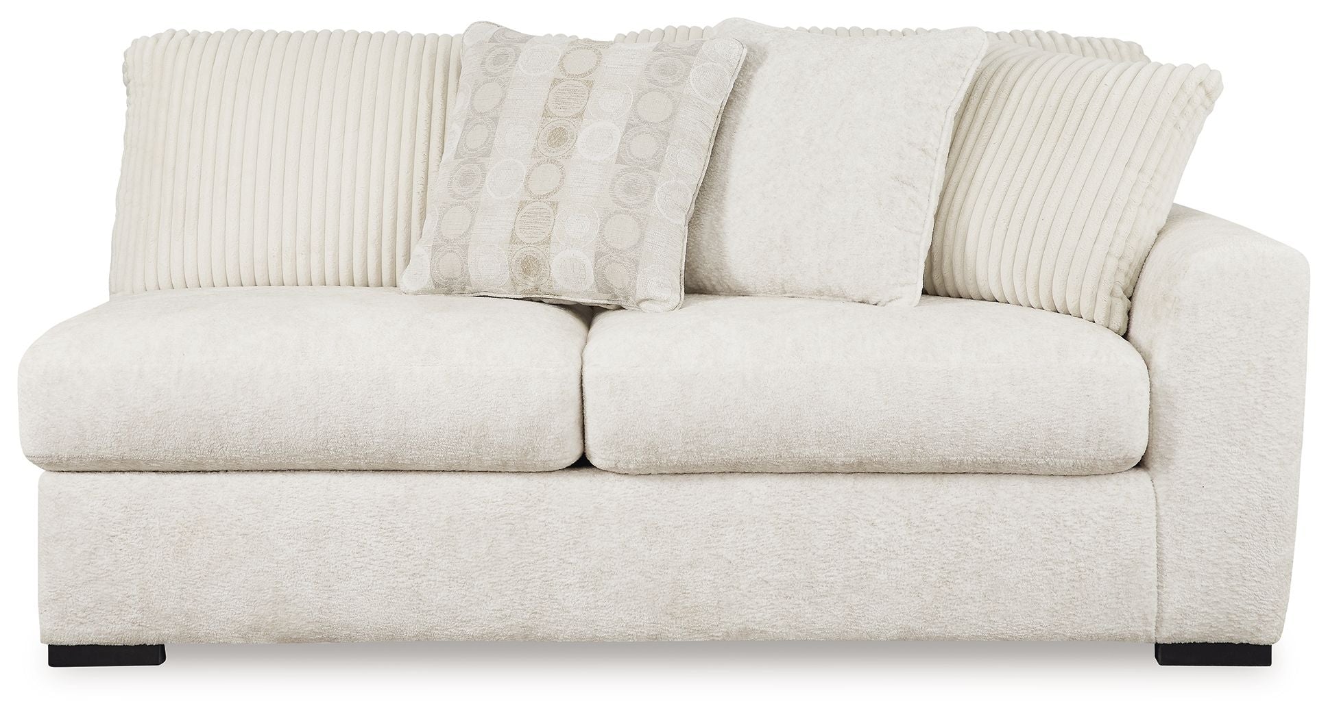 Ivory upholstered two-seat sofa with ribbed back cushions and rounded arms