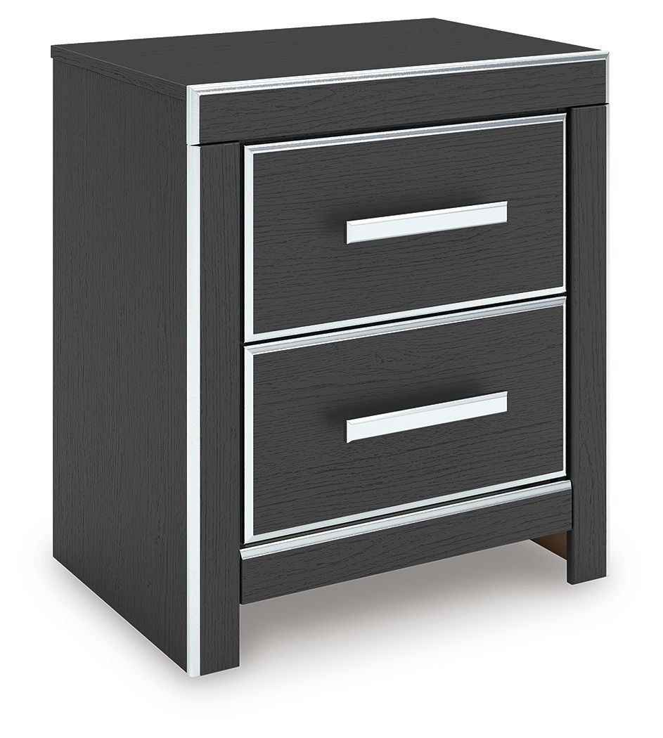 Black two-drawer night stand with two silver bar pulls and angled front view