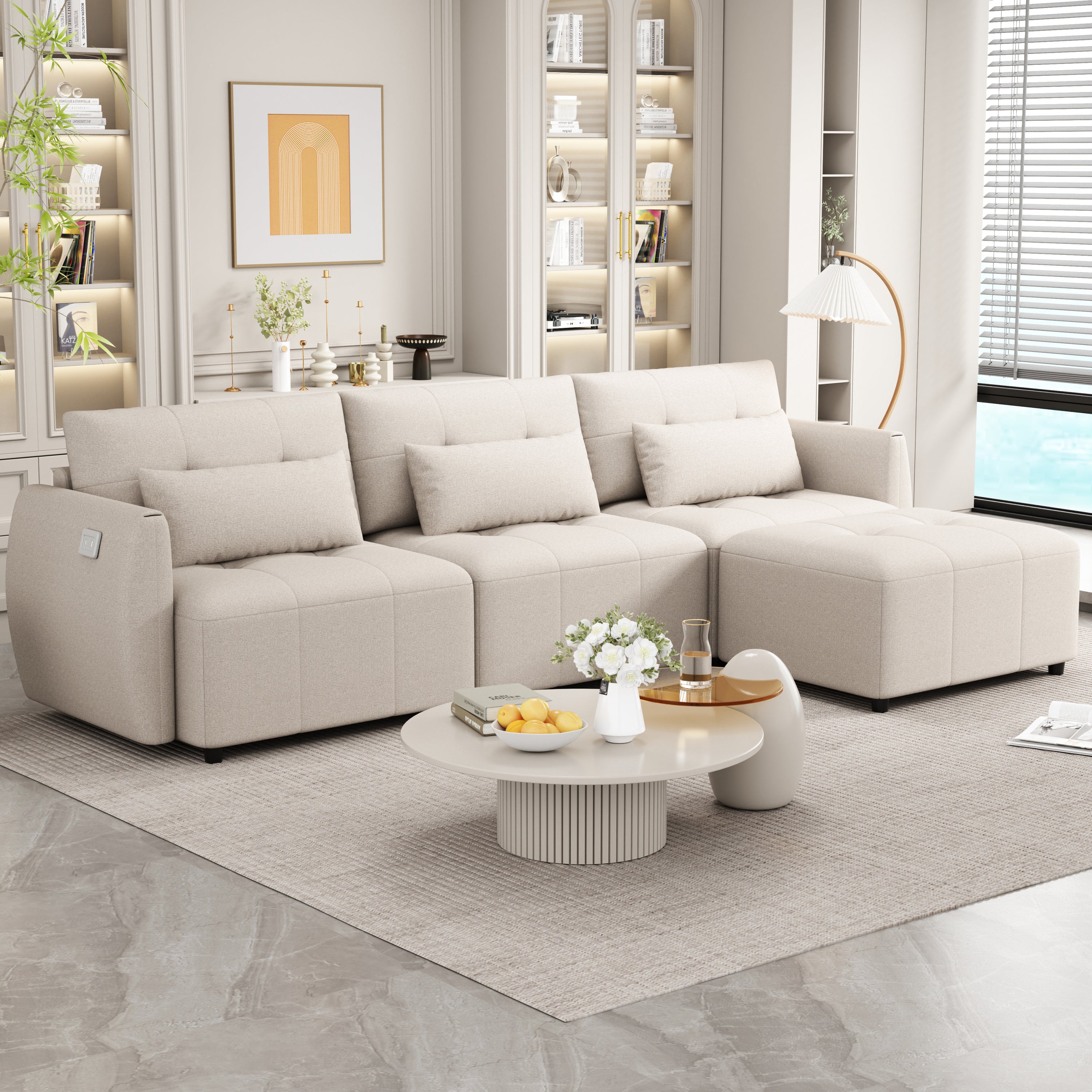 113" Modern Chenille Sectional Sofa with Ottoman & USB Ports – Beige