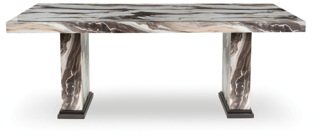 Rectangular dining table with stone-pattern legs and marble-look tabletop