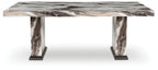 Rectangular dining table with stone-pattern legs and marble-look tabletop