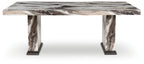 Marble-pattern dining table with dark legs and rectangular top