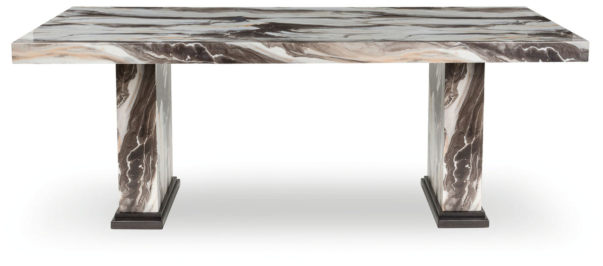 Marble-pattern dining table with dark legs and rectangular top