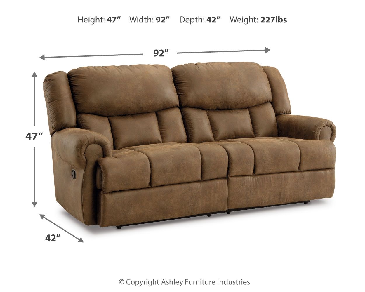 Reclining sofa loveseat with height 47 in, width 92 in, depth 42 in, brown