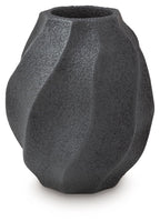 Black textured vase with curved, fluted side panels and round opening