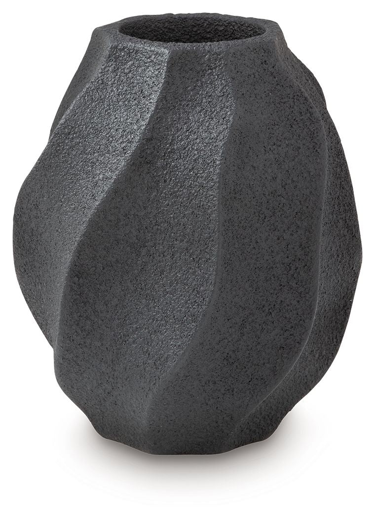 Black textured vase with curved, fluted side panels and round opening