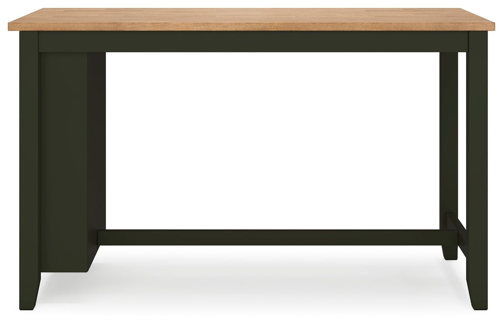 Rectangular dining room counter table with light wood top and dark green base