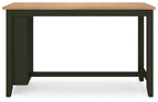 Rectangular dining room counter table with light wood top and dark green base