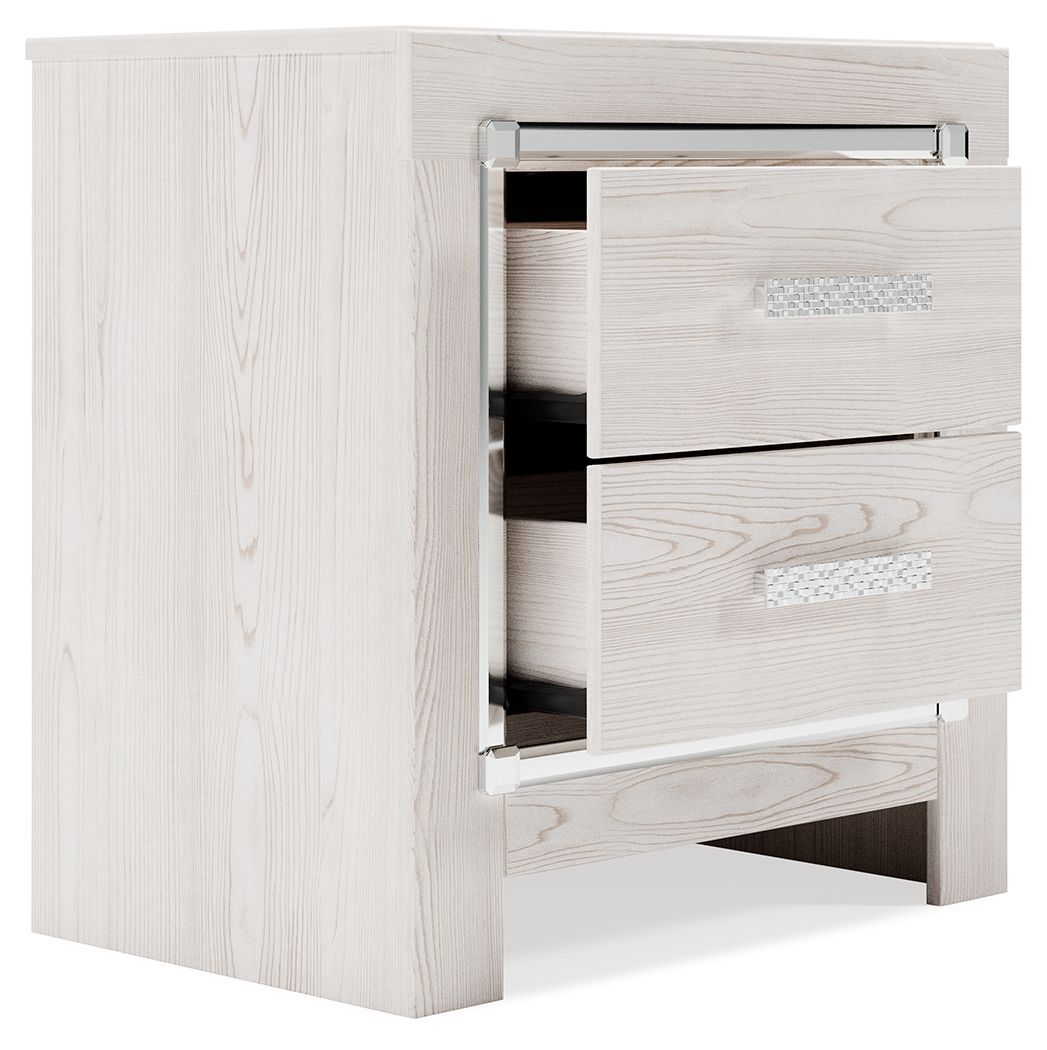 White two-drawer night stand with one drawer open, chrome bar handles, wood-grain finish