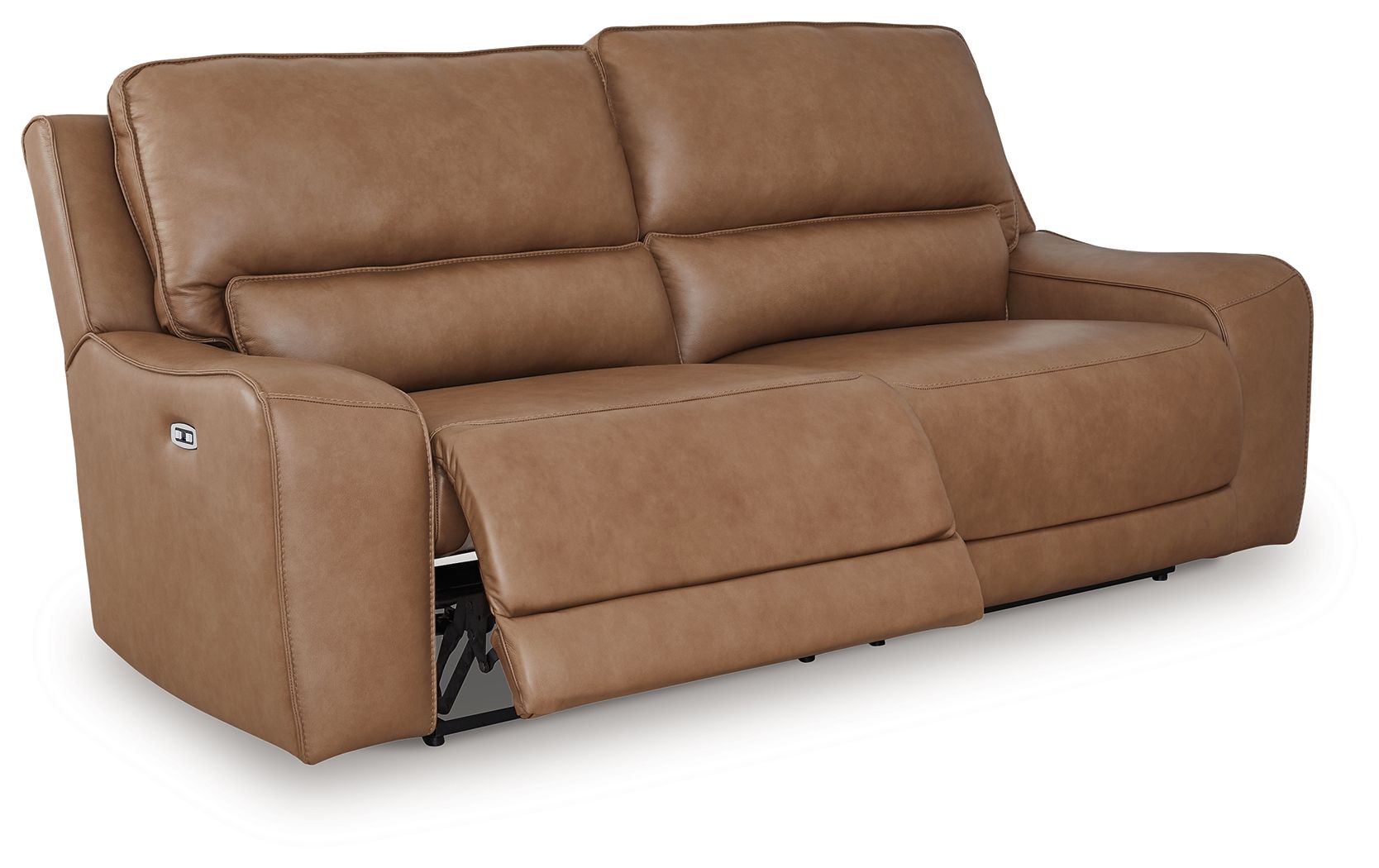 Light brown power reclining sofa with side control and padded adjustable headrests
