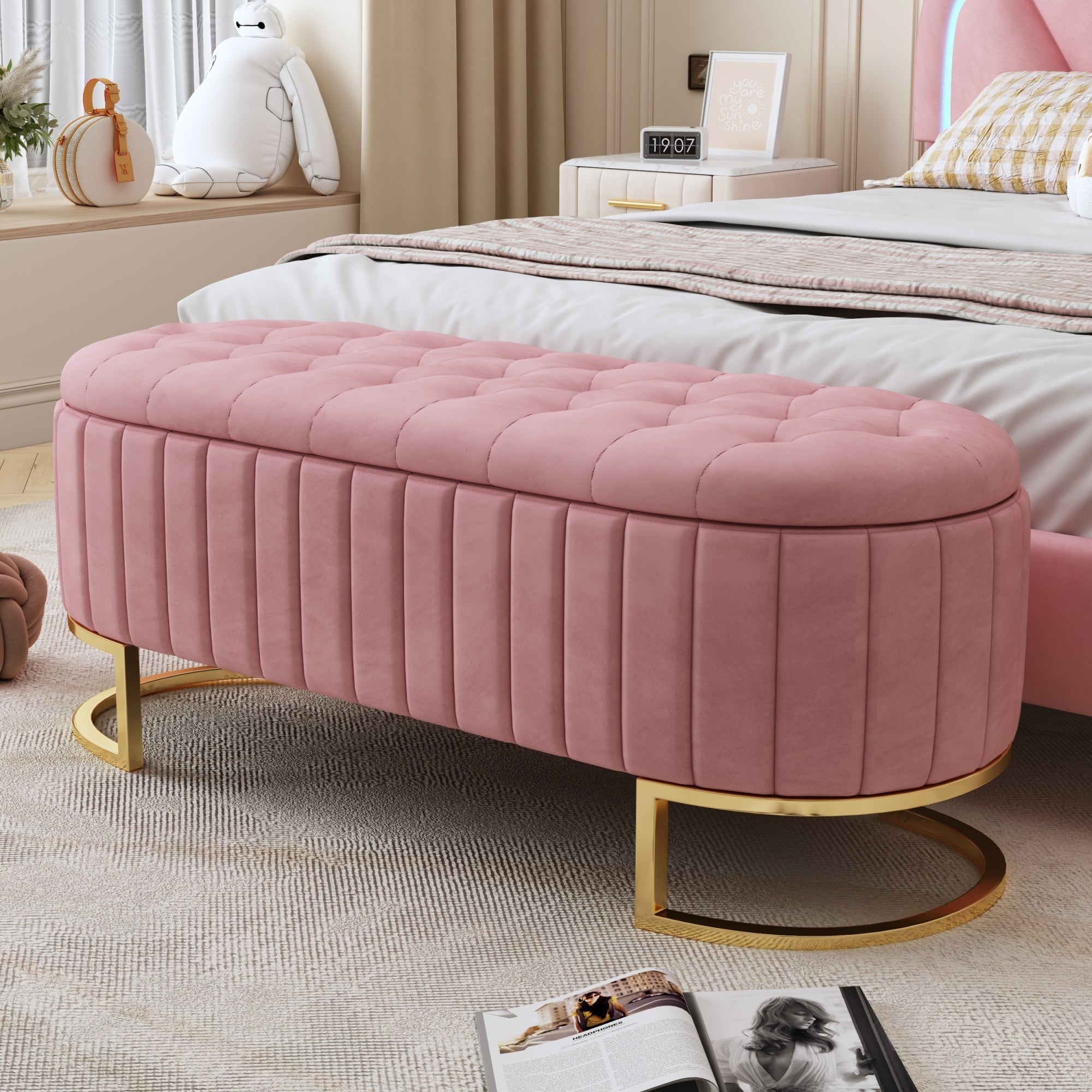 Pink Velvet Storage Ottoman Bench - Elegant & Tufted