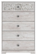 Whitewash chest of drawers with ornate top panel, five drawers, round metal knobs