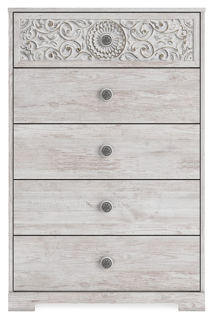 Whitewash chest of drawers with ornate top panel, five drawers, round metal knobs
