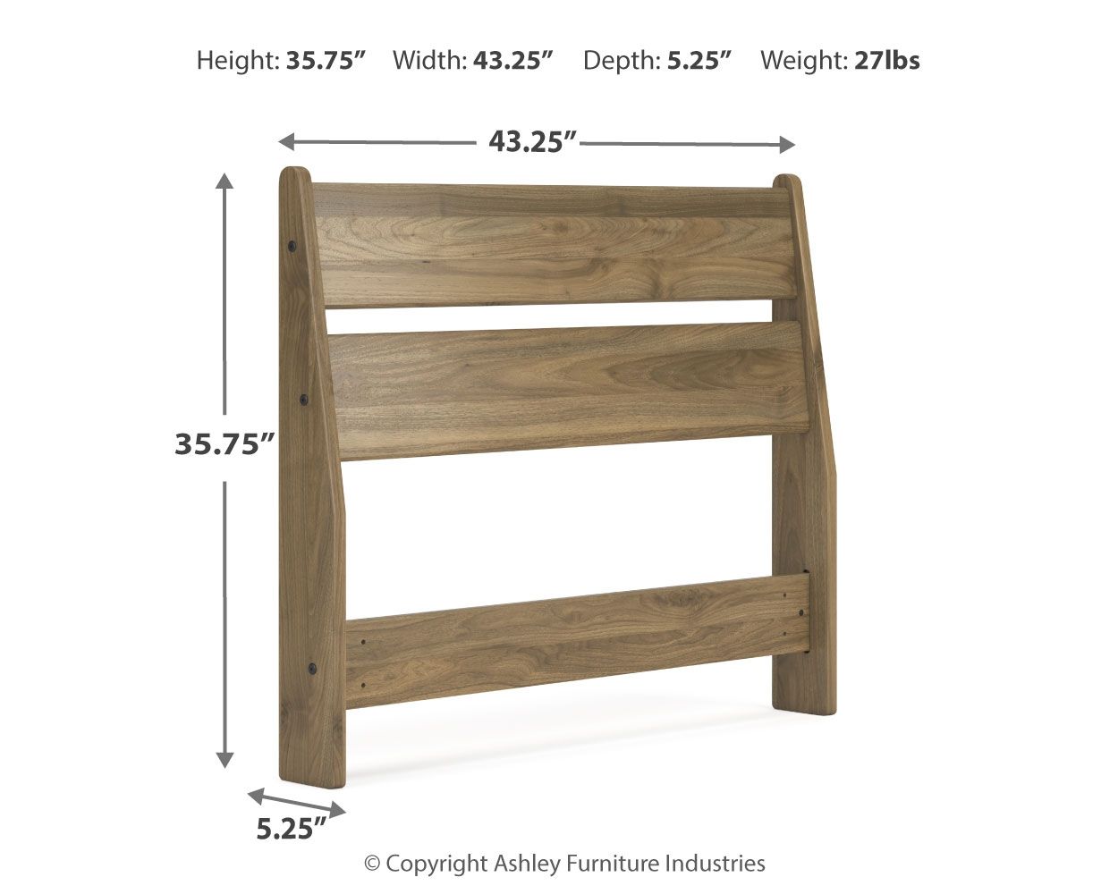 Honey twin panel headboard shown with width, height, and depth diagram