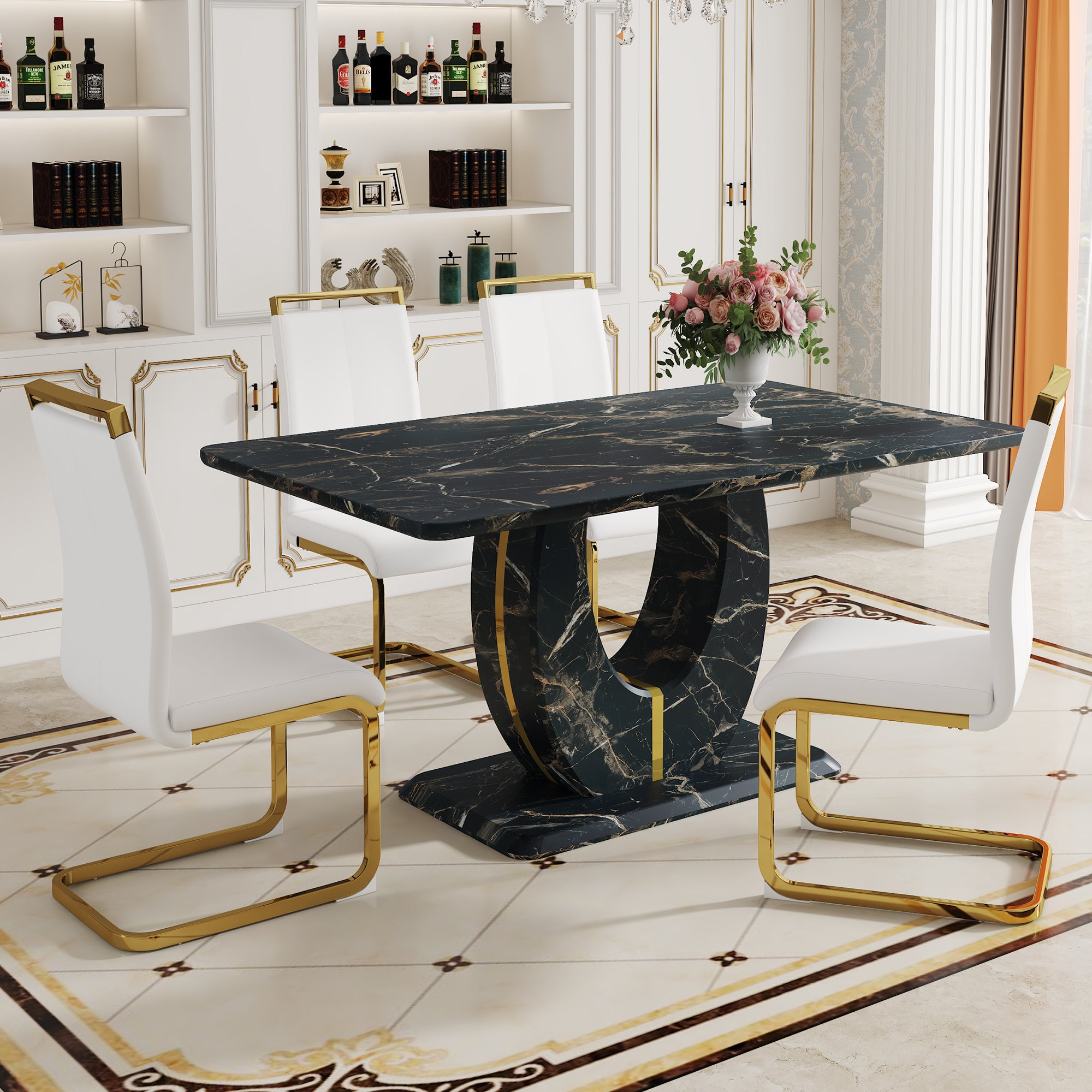 Black Marble Dining Set with 4 White Chairs