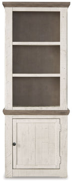 Distressed pier cabinet with open shelving and closed lower panel door