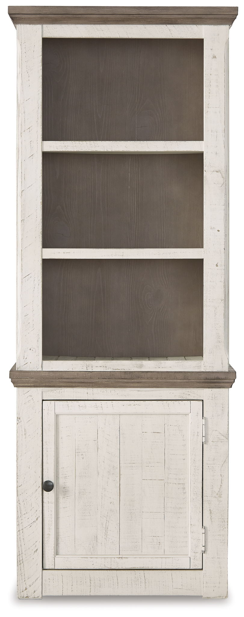 Distressed pier cabinet with open shelving and closed lower panel door