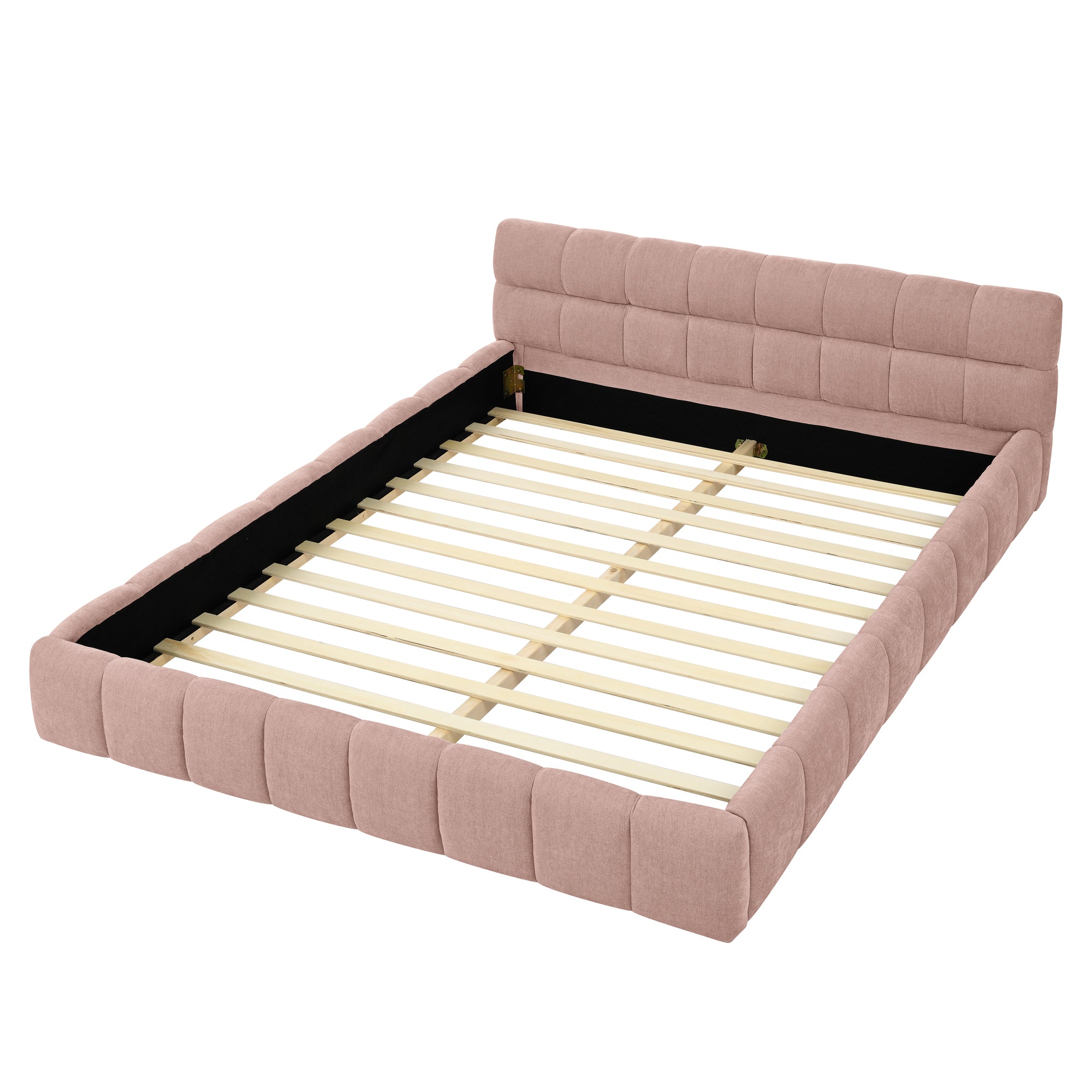 Modern Pink Chenille Upholstered Queen Bed Frame, No Box Spring Needed