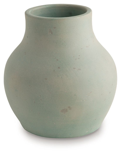 Green ceramic vase with rounded belly and wide opening