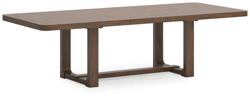 Rectangular dining table in light brown wood with open apron and chunky legs