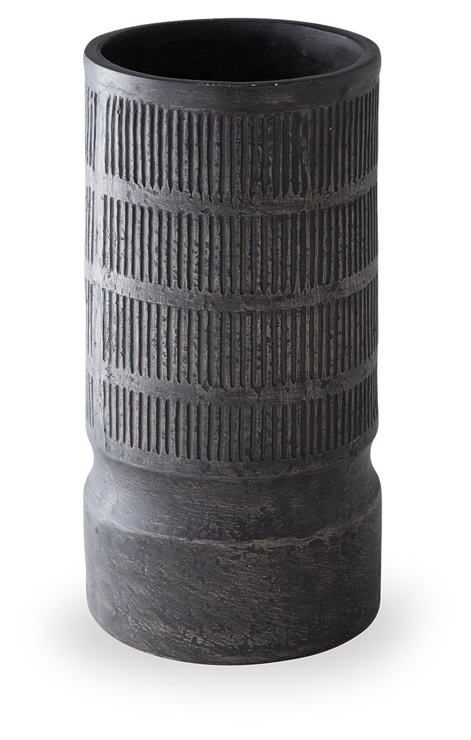Beninworth vase, black ceramic with vertical ribbed texture and fluted bands.