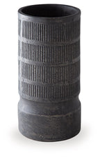 Beninworth vase, black ceramic with vertical ribbed texture and fluted bands.