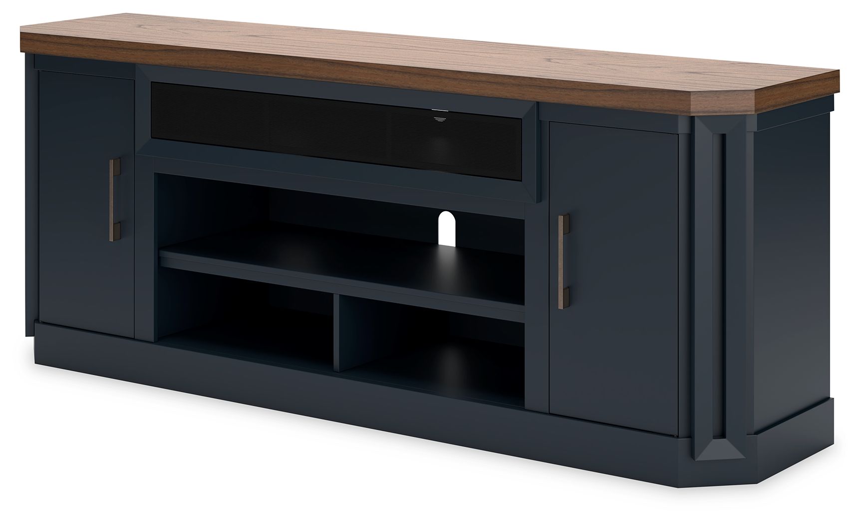 Dark blue TV stand with wood top, central open shelves, and fireplace insert