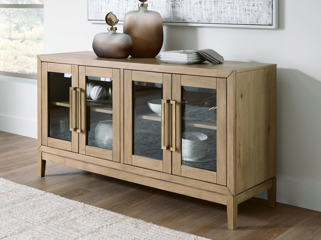 Light brown dining room server cabinet with glass doors and open shelves