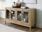 Light brown dining room server cabinet with glass doors and open shelves