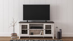 White TV stand with open center shelf and two side cabinets, dark top