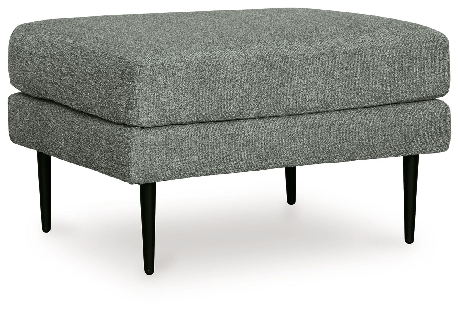 Charcoal upholstered ottoman with rounded top and tapered black legs