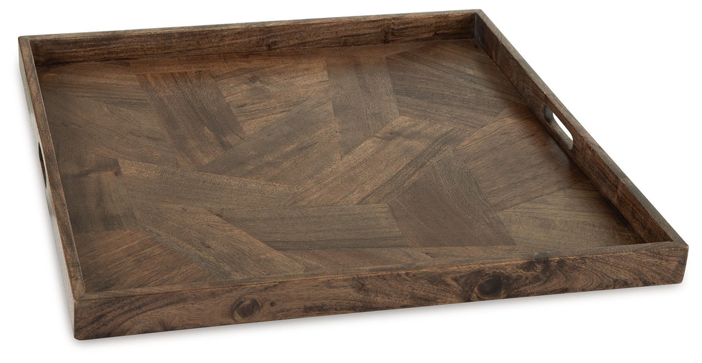 Brown wooden serving tray with raised edges and corner handles.