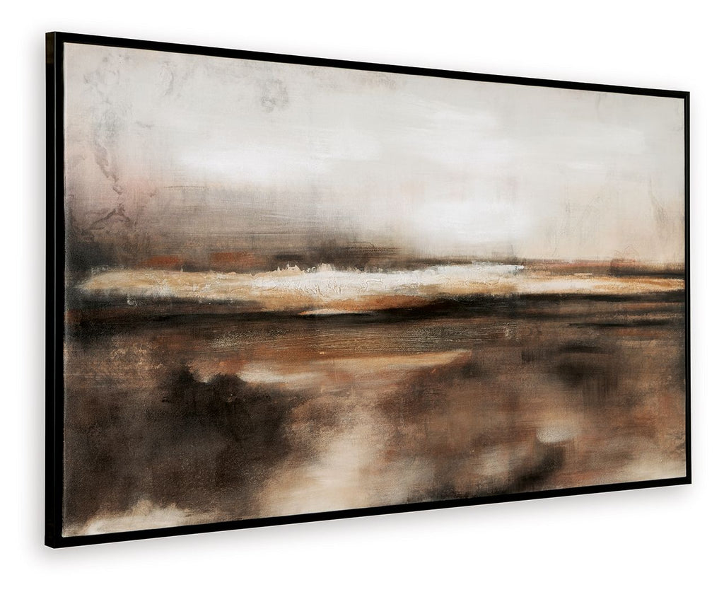 Abstract wall art print in dark tones with brown and orange streaks, in black frame