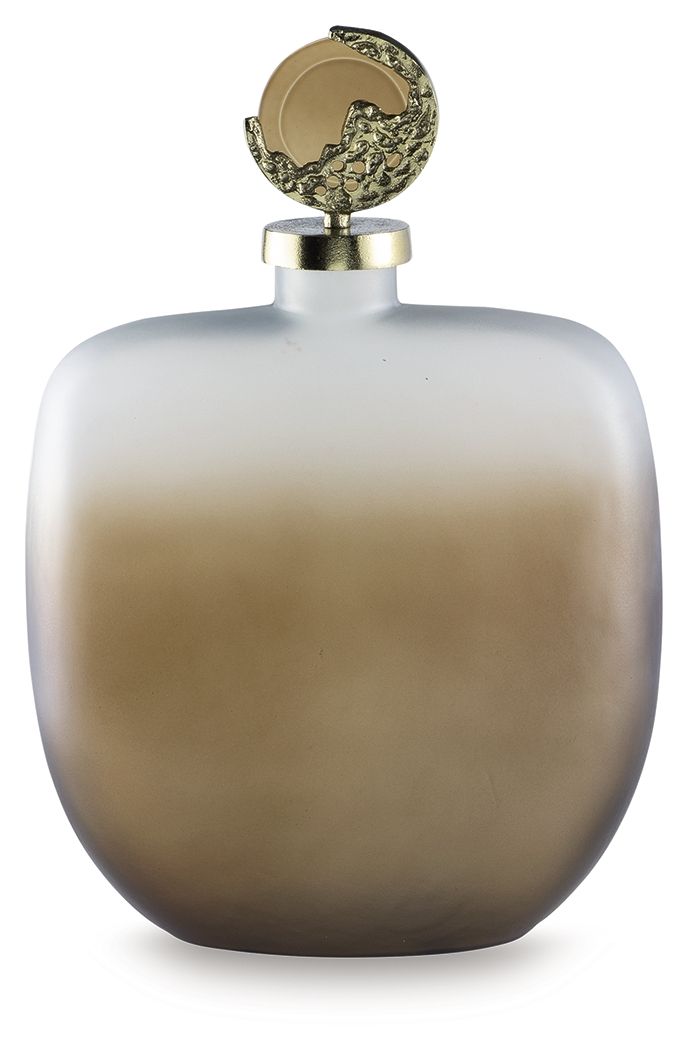 Decorative jar with frosted bottle shape and ornate gold-tone hinged lid